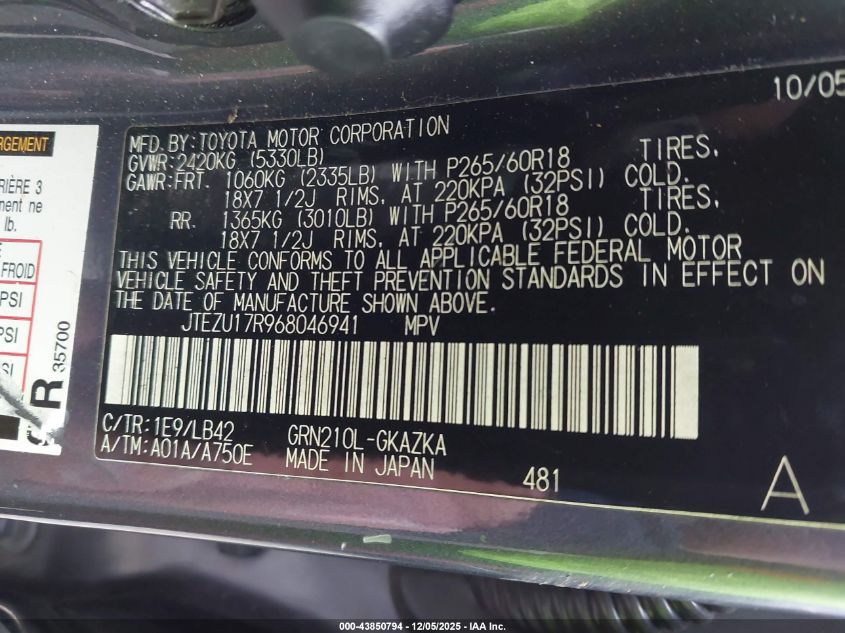 2006 Toyota 4Runner Limited V6 VIN: JTEZU17R968046941 Lot: 43850794