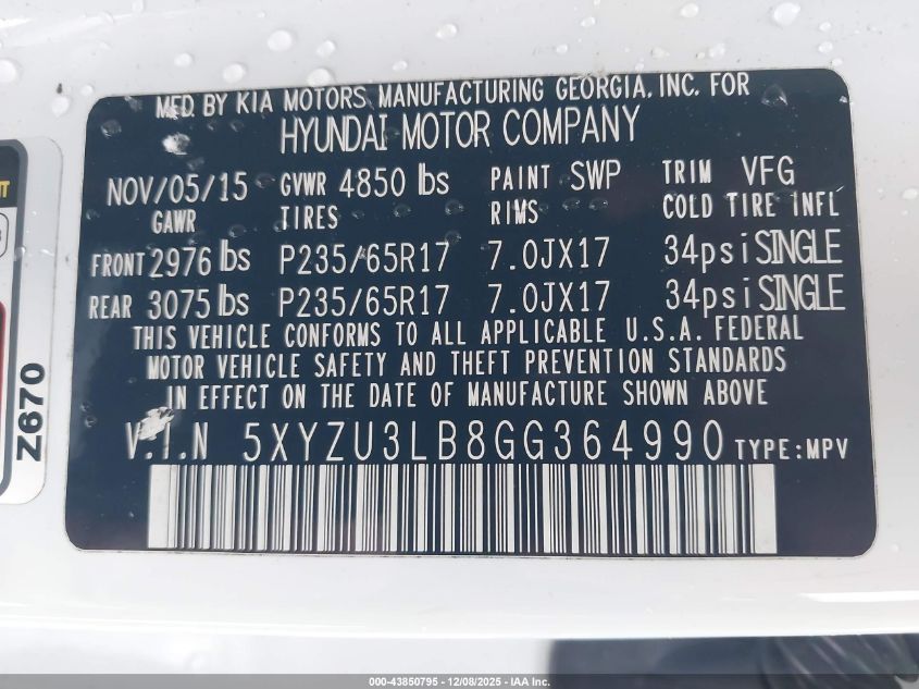 2016 Hyundai Santa Fe Sport 2.4L VIN: 5XYZU3LB8GG364990 Lot: 43850795