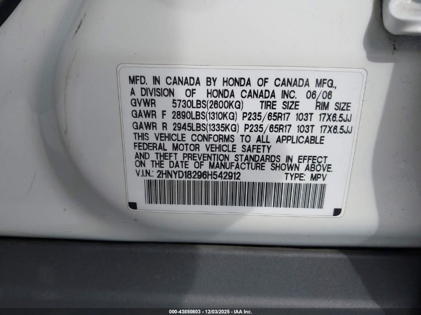 2006 Acura Mdx VIN: 2HNYD18296H542912 Lot: 43850803