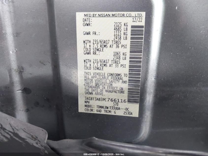 2023 Nissan Rogue S Intelligent Awd VIN: 5N1BT3AB3PC766116 Lot: 43850812