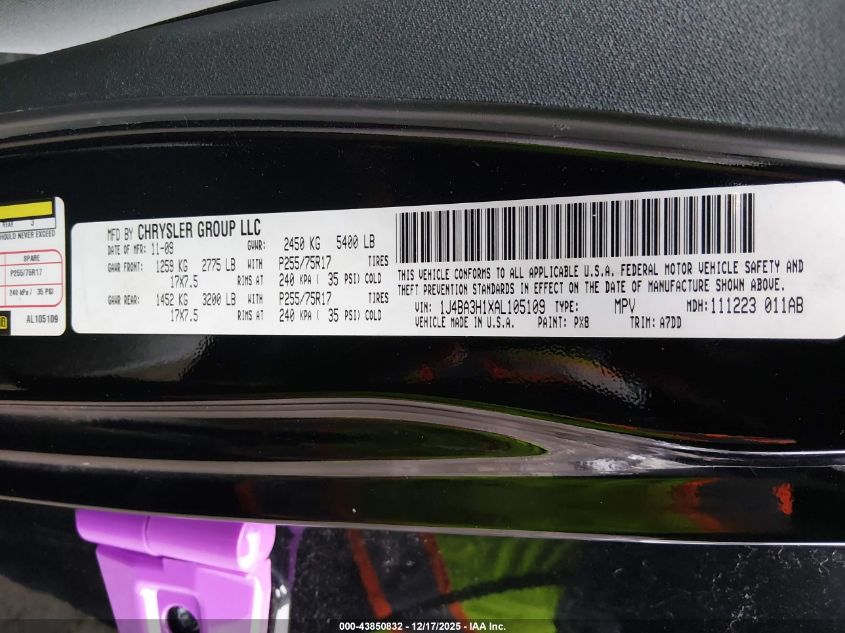 2010 Jeep Wrangler Unlimited Sport VIN: 1J4BA3H1XAL105109 Lot: 43850832