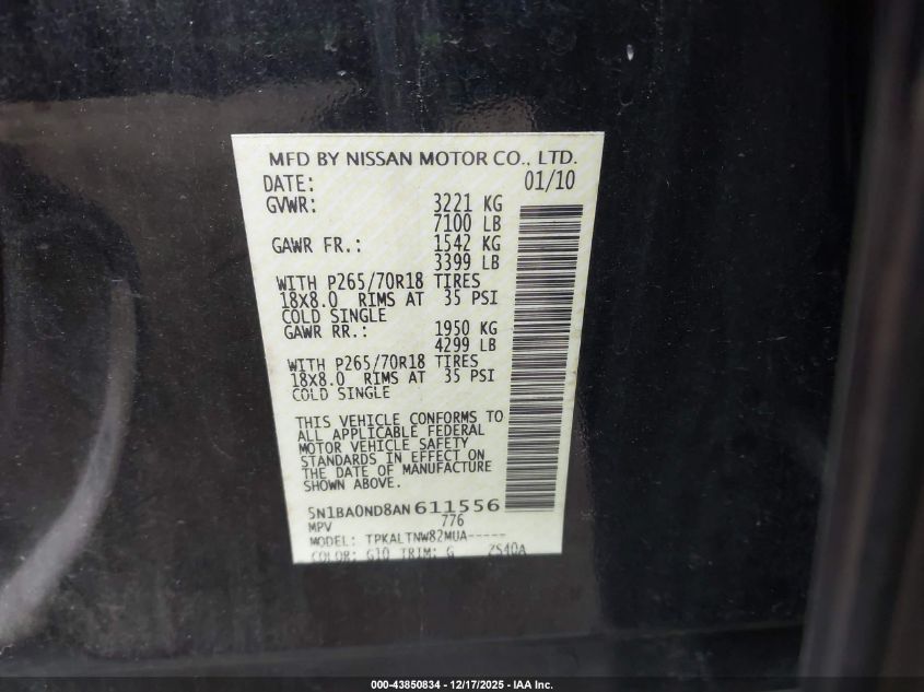 2010 Nissan Armada Se VIN: 5N1BA0ND8AN611556 Lot: 43850834