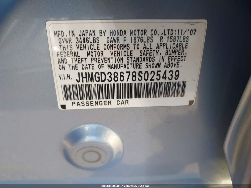 2008 Honda Fit Sport VIN: JHMGD38678S025439 Lot: 43850840