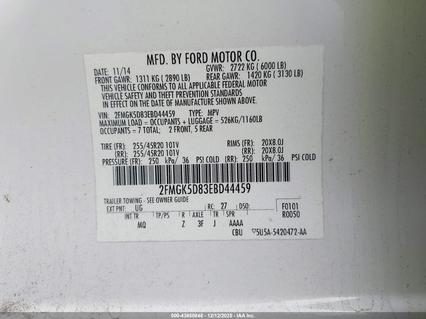2FMGK5D83EBD44459 2014 FORD FLEX photo no. 9