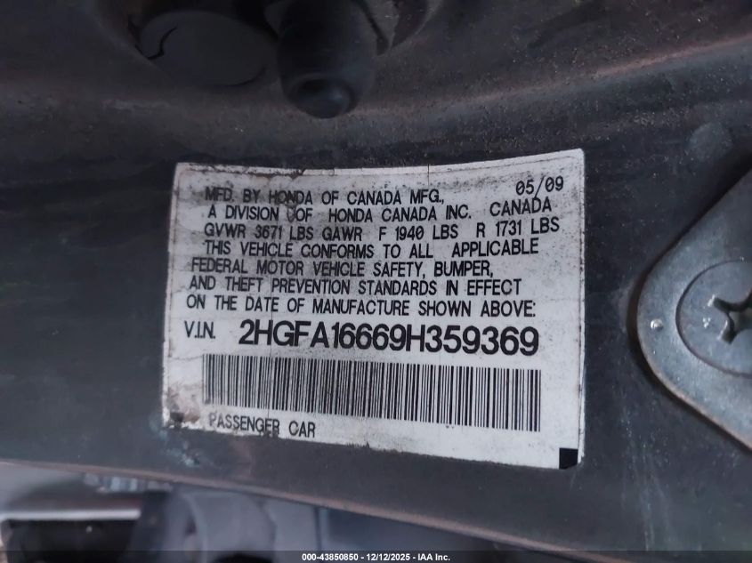 2009 Honda Civic Lx-S VIN: 2HGFA16669H359369 Lot: 43850850