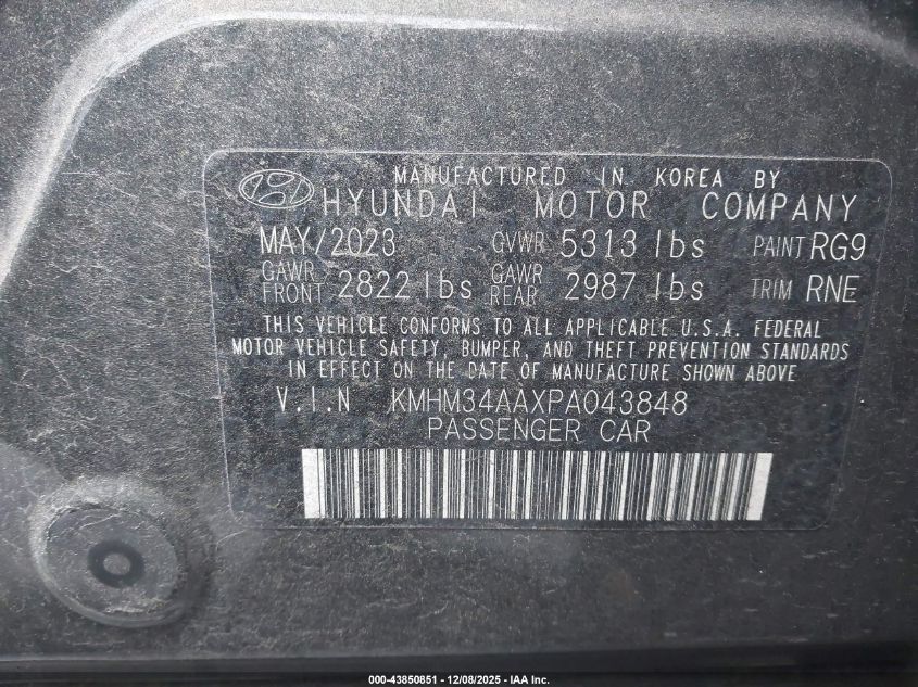 2023 Hyundai Ioniq 6 Sel VIN: KMHM34AAXPA043848 Lot: 43850851