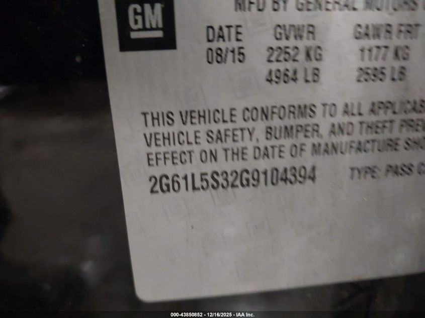 2016 Cadillac Xts Standard VIN: 2G61L5S32G9104394 Lot: 43850852