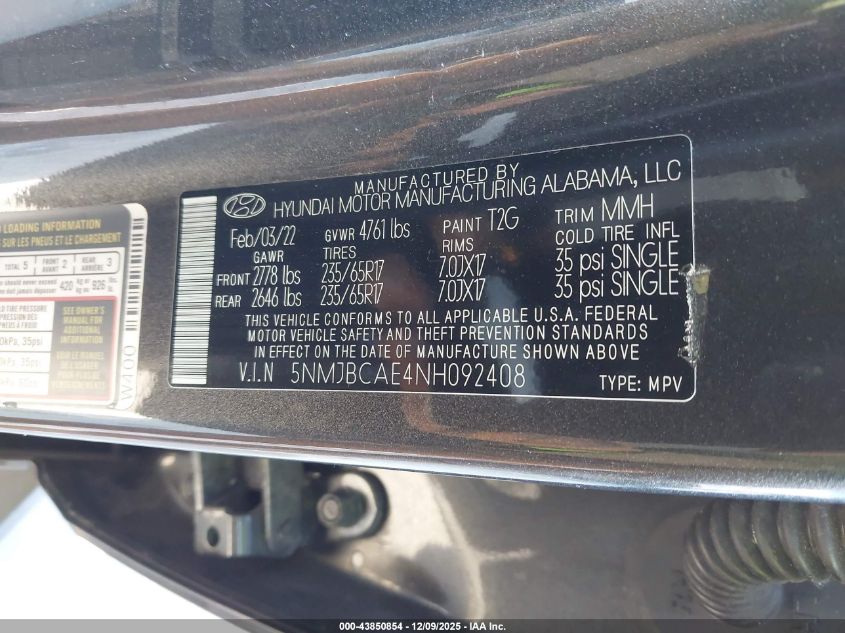 2022 Hyundai Tucson Sel VIN: 5NMJBCAE4NH092408 Lot: 43850854