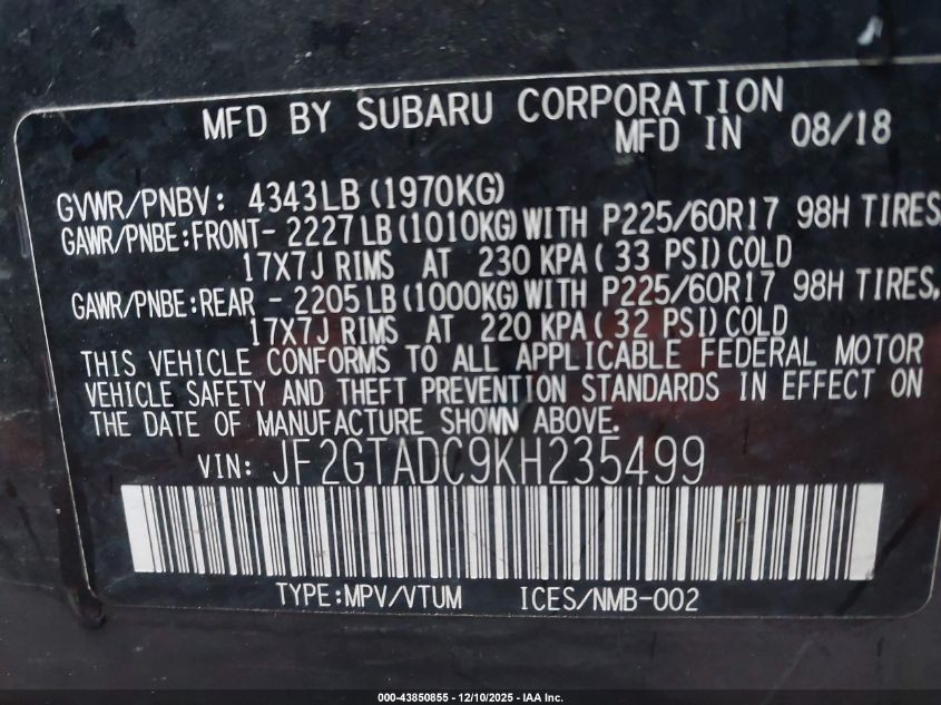 2019 Subaru Crosstrek 2.0I Premium VIN: JF2GTADC9KH235499 Lot: 43850855