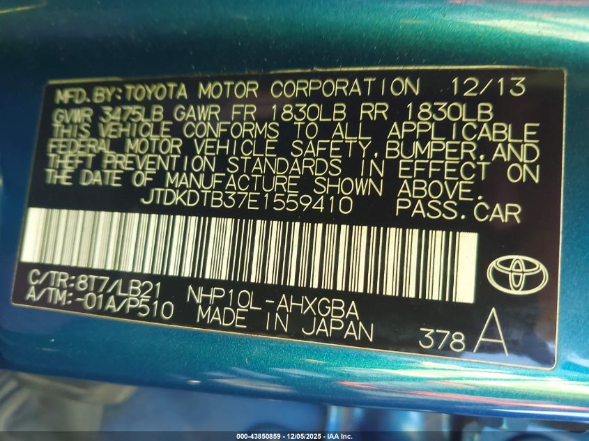 2014 Toyota Prius C Four VIN: JTDKDTB37E1559410 Lot: 43850859