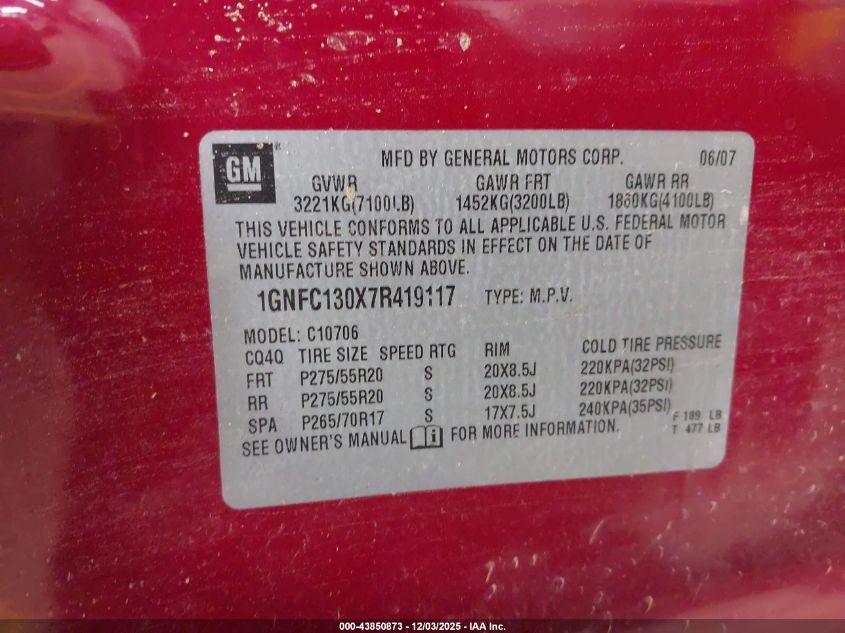 2007 Chevrolet Tahoe Lt VIN: 1GNFC130X7R419117 Lot: 43850873