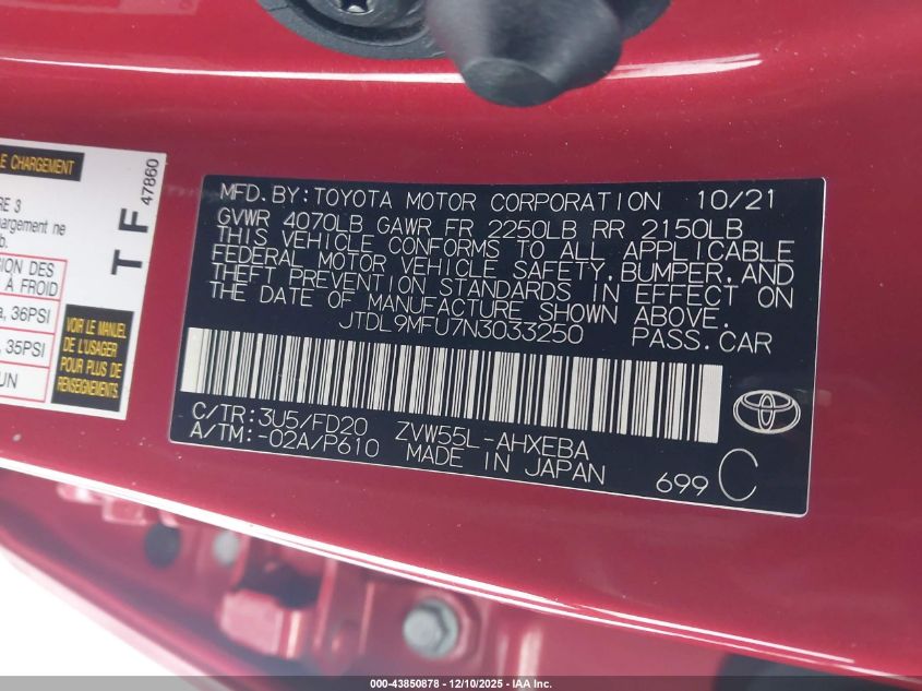 2022 Toyota Prius Le Awd-E VIN: JTDL9MFU7N3033250 Lot: 43850878