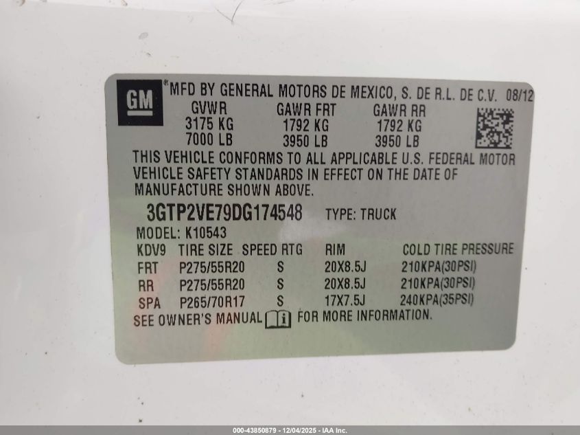 2013 GMC Sierra 1500 Sle VIN: 3GTP2VE79DG174548 Lot: 43850879