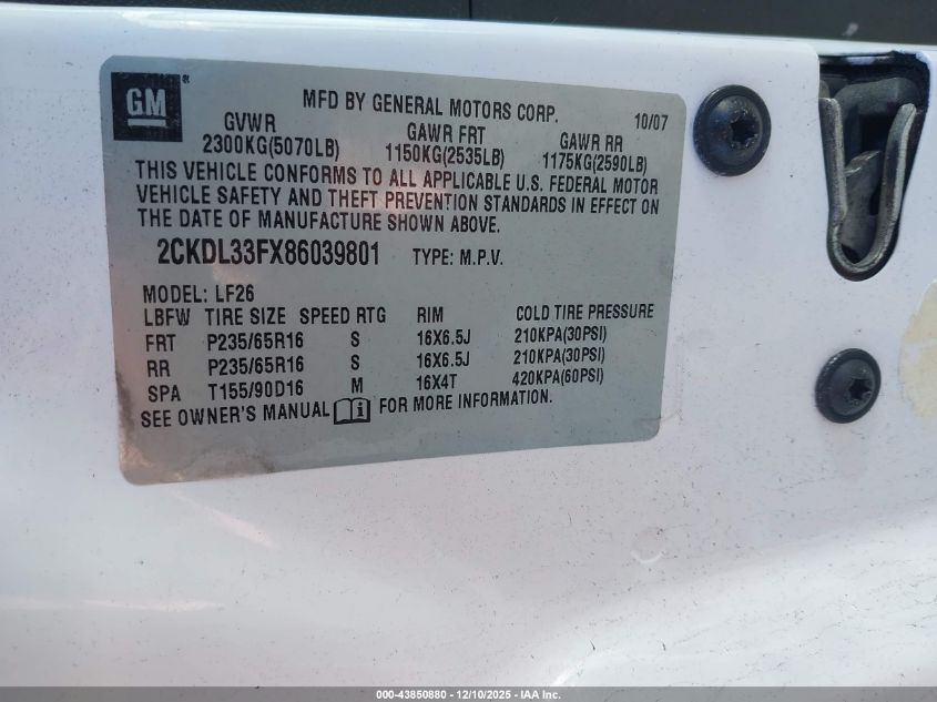 2008 Pontiac Torrent VIN: 2CKDL33FX86039801 Lot: 43850880