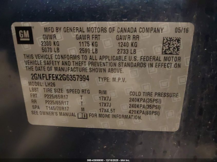 2016 Chevrolet Equinox Lt VIN: 2GNFLFEK2G6357994 Lot: 43850890