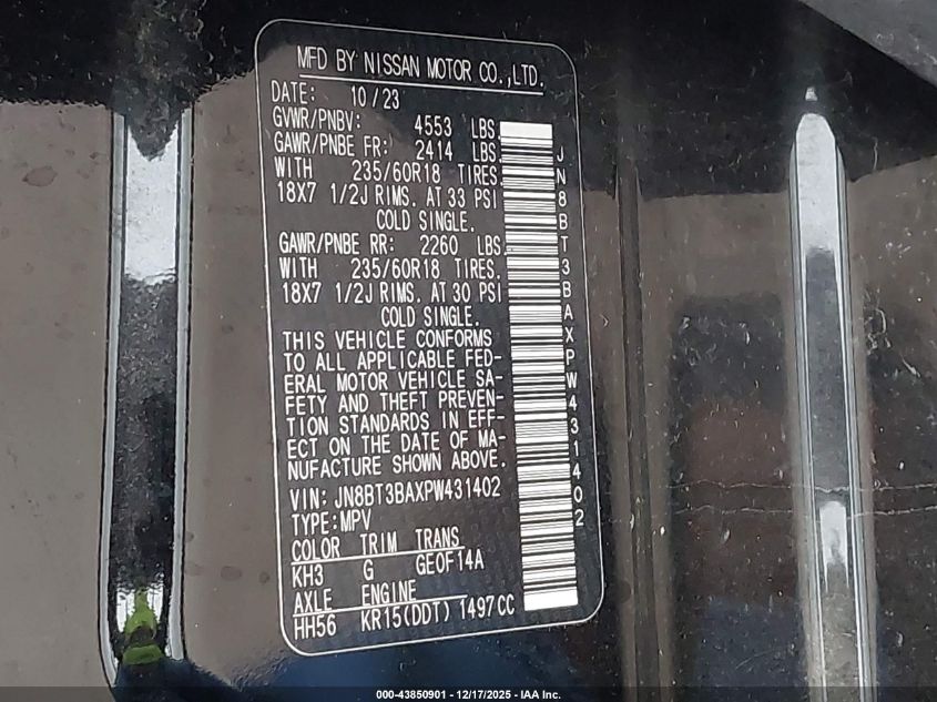 2023 Nissan Rogue Sv Fwd VIN: JN8BT3BAXPW431402 Lot: 43850901