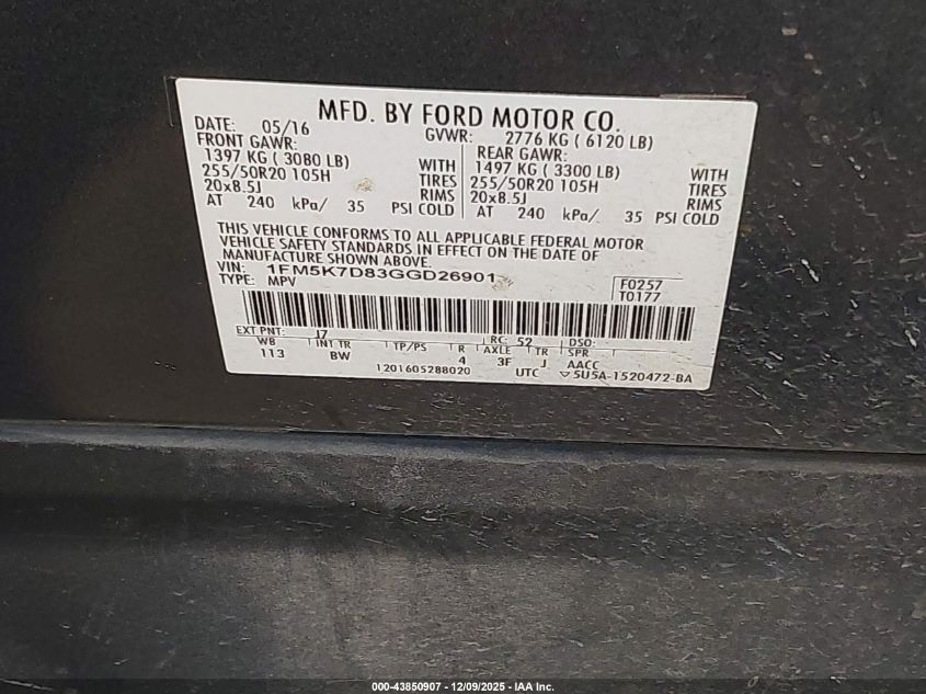 2016 Ford Explorer Xlt VIN: 1FM5K7D83GGD26901 Lot: 43850907