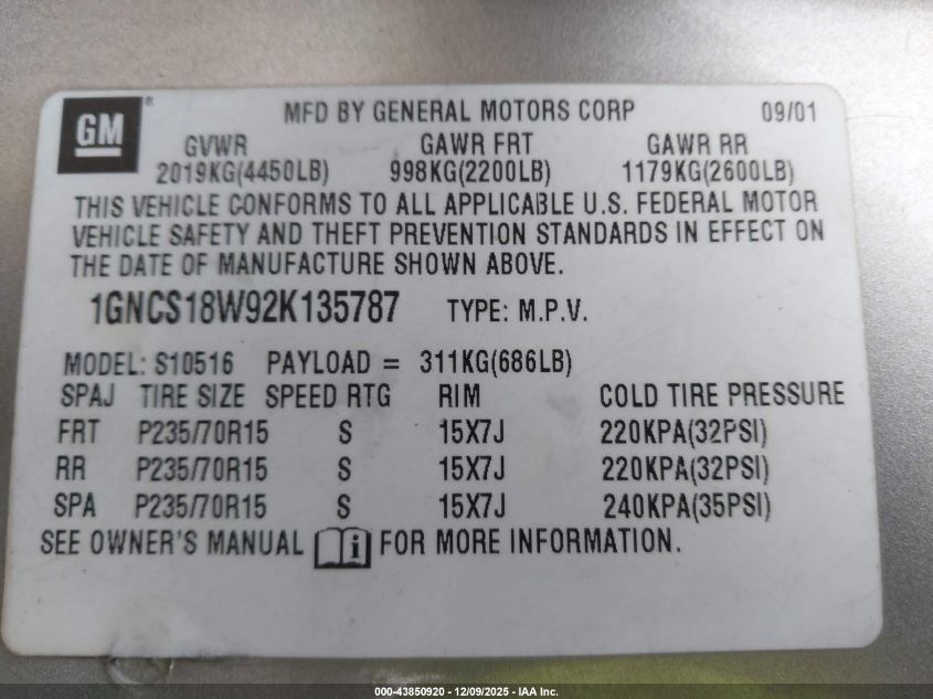 2002 Chevrolet Blazer Ls VIN: 1GNCS18W92K135787 Lot: 43850920