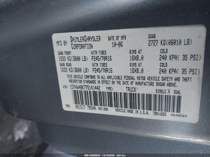 2007 Dodge Dakota Slt VIN: 1D7HW48K77S141442 Lot: 43850930