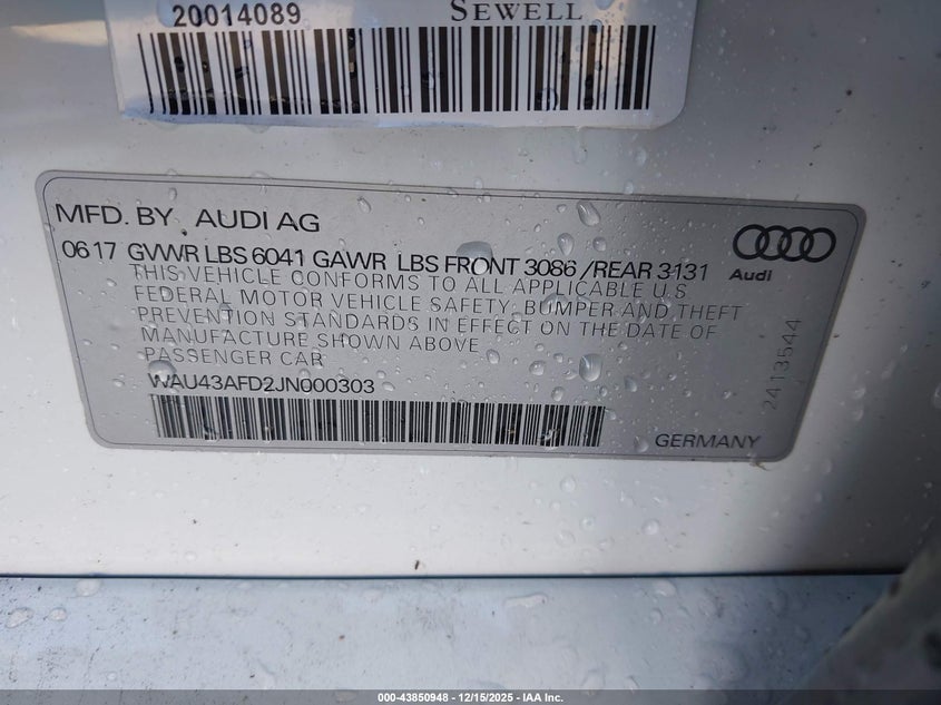 2018 Audi A8 L 4.0T Sport VIN: WAU43AFD2JN000303 Lot: 43850948