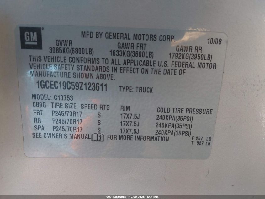 2009 Chevrolet Silverado 1500 Work Truck VIN: 1GCEC19C59Z123611 Lot: 43850952