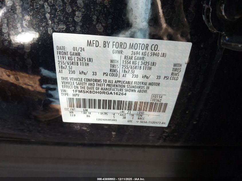 2024 Ford Explorer Xlt VIN: 1FMSK8DH0RGA16264 Lot: 43850953