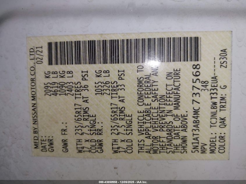 2021 Nissan Rogue S Intelligent Awd VIN: 5N1AT3AB4MC737568 Lot: 43850958