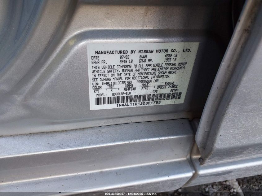 2003 Nissan Altima 2.5 S VIN: 1N4AL11D13C321783 Lot: 43850957