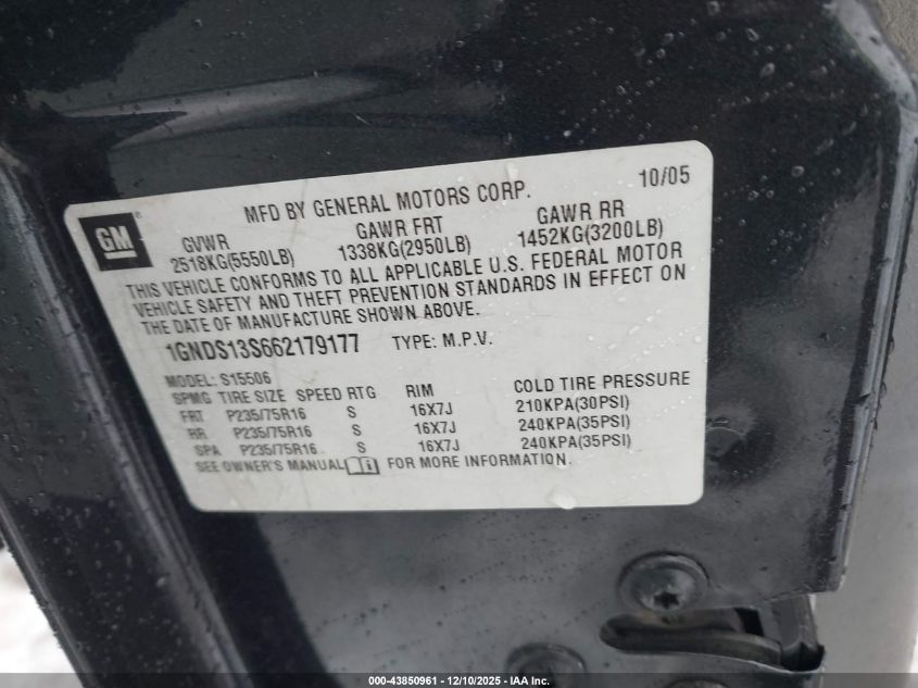 2006 Chevrolet Trailblazer Ls VIN: 1GNDS13S662179177 Lot: 43850961