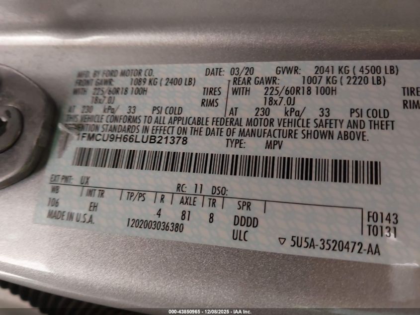 2020 Ford Escape Sel VIN: 1FMCU9H66LUB21378 Lot: 43850965