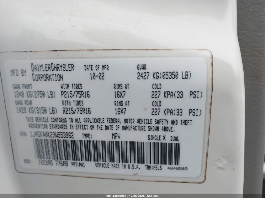 2003 Jeep Liberty Sport VIN: 1J4GK48K23W553962 Lot: 43850988