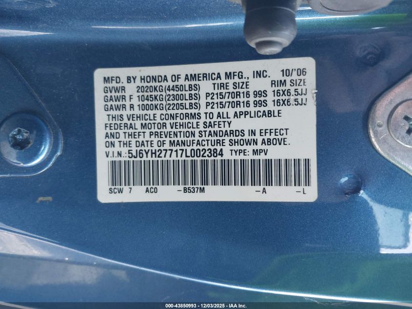 2007 Honda Element Ex VIN: 5J6YH27717L002384 Lot: 43850993