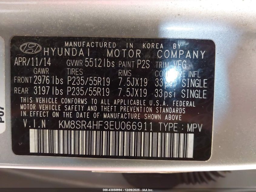 2014 Hyundai Santa Fe Limited VIN: KM8SR4HF3EU066911 Lot: 43850994
