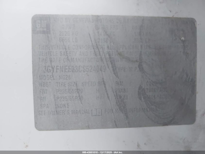 2012 Cadillac Srx Performance Collection VIN: 3GYFNEE33CS524049 Lot: 43851010