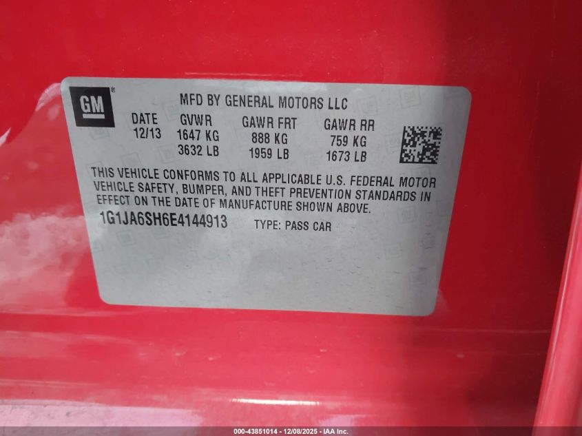 2014 Chevrolet Sonic Ls Auto VIN: 1G1JA6SH6E4144913 Lot: 43851014