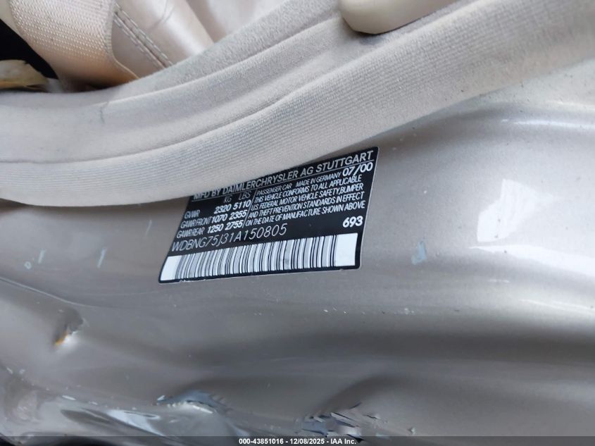 2001 Mercedes-Benz S 500 VIN: WDBNG75J31A150805 Lot: 43851016