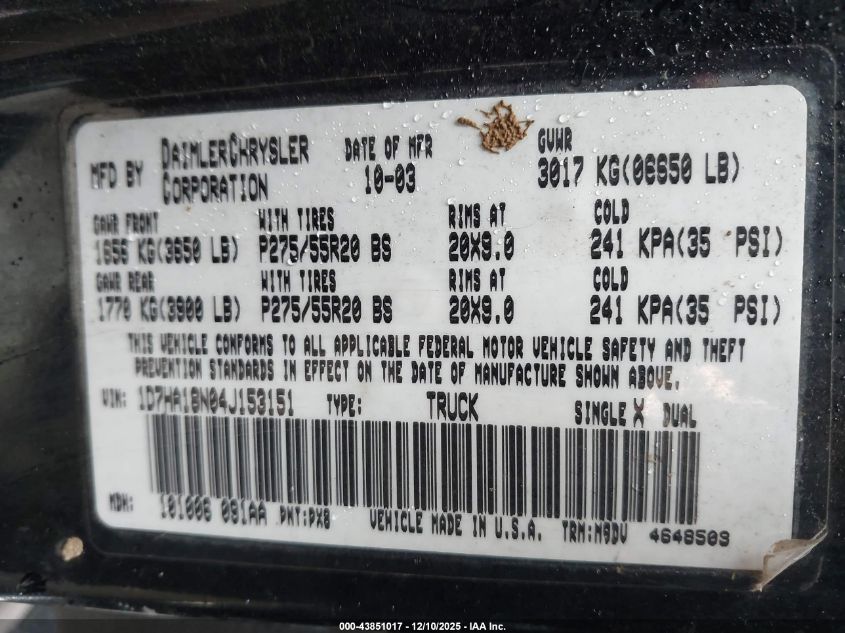2004 Dodge Ram 1500 Slt/Laramie VIN: 1D7HA18N04J153151 Lot: 43851017