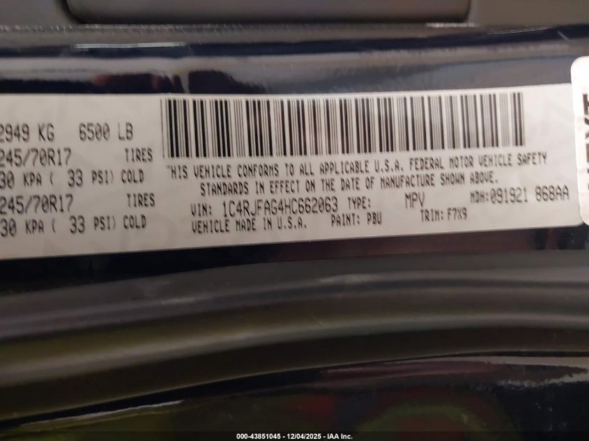 2017 Jeep Grand Cherokee Laredo 4X4 VIN: 1C4RJFAG4HC662063 Lot: 43851045
