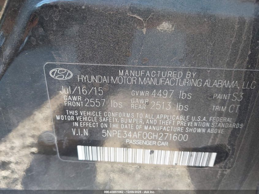 2016 Hyundai Sonata Sport VIN: 5NPE34AF0GH271600 Lot: 43851062