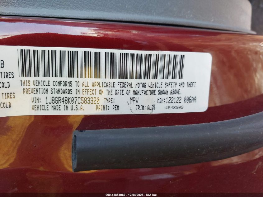 2007 Jeep Grand Cherokee Laredo VIN: 1J8GR48K07C583320 Lot: 43851069