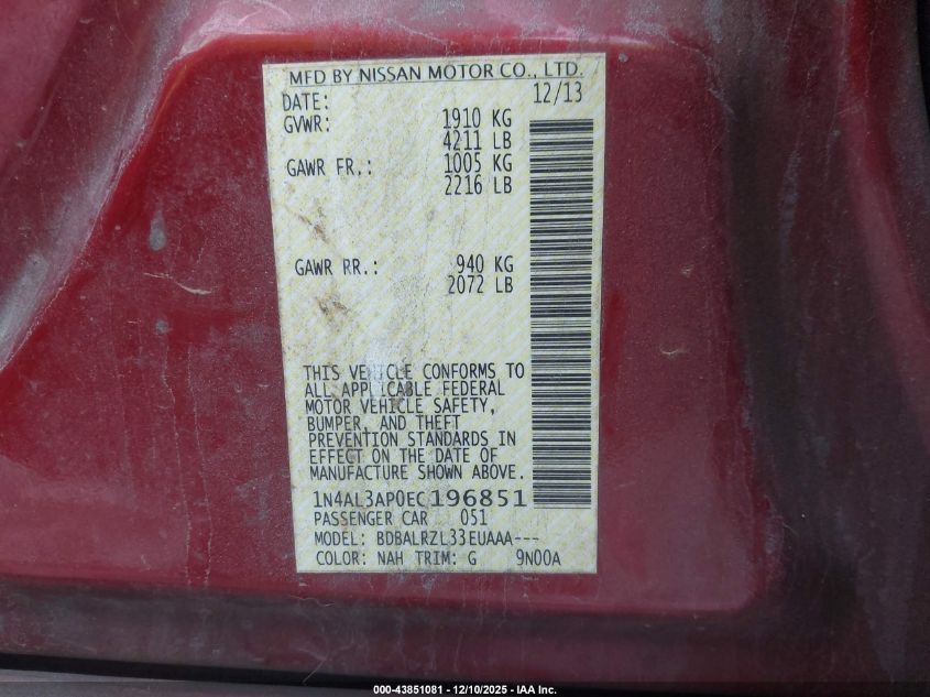 2014 Nissan Altima 2.5 S VIN: 1N4AL3AP0EC196851 Lot: 43851081