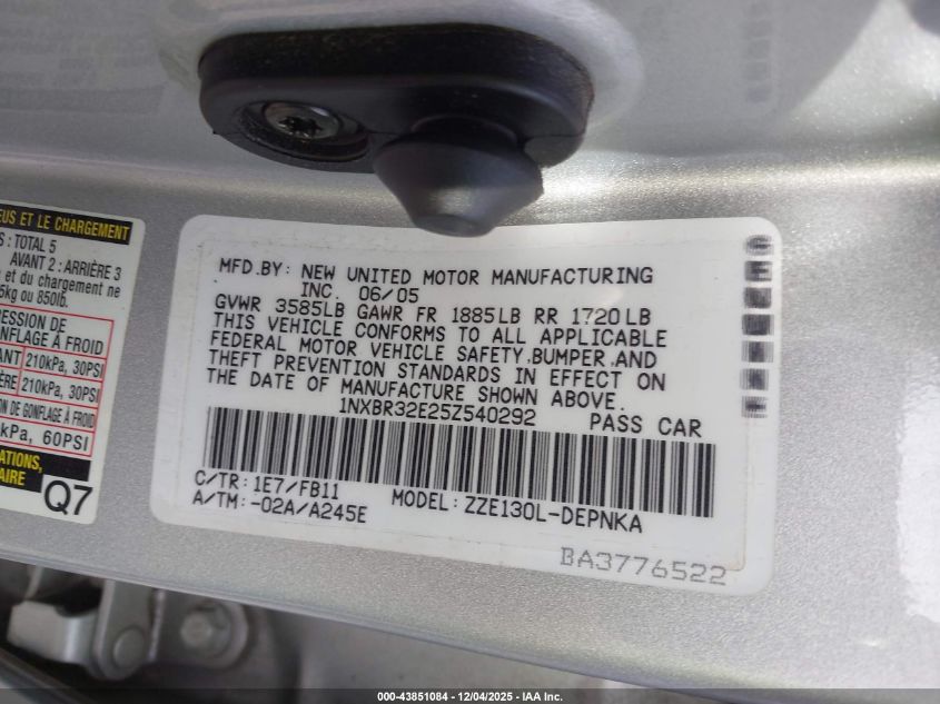 2005 Toyota Corolla Le VIN: 1NXBR32E25Z540292 Lot: 43851084