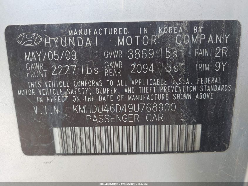 2009 Hyundai Elantra Gls VIN: KMHDU46D49U768900 Lot: 43851093