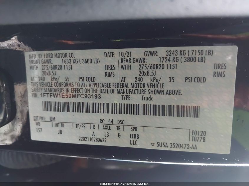 2021 Ford F-150 Xl VIN: 1FTFW1E50MFC93193 Lot: 43851112