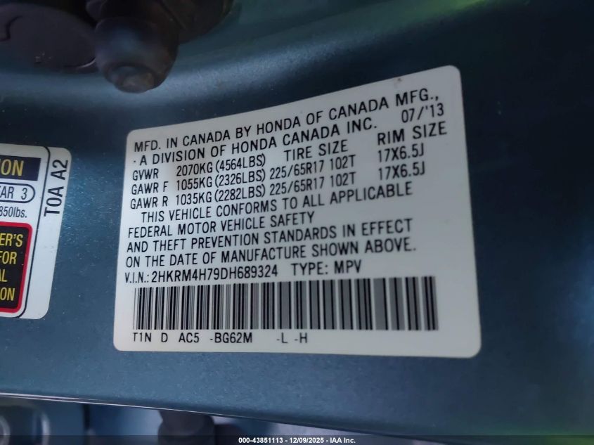 2013 Honda Cr-V Ex-L VIN: 2HKRM4H79DH689324 Lot: 43851113