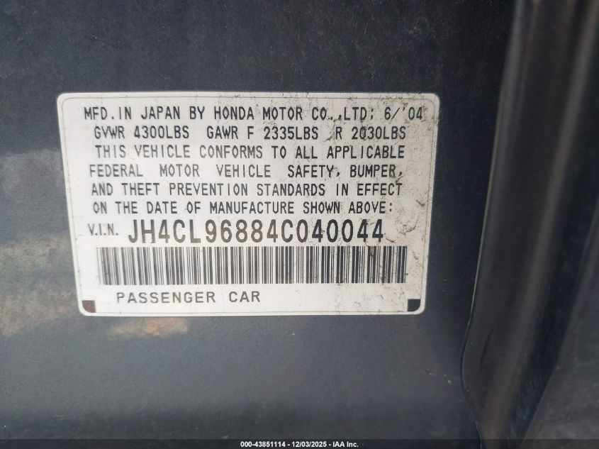 2004 Acura Tsx VIN: JH4CL96884C040044 Lot: 43851114