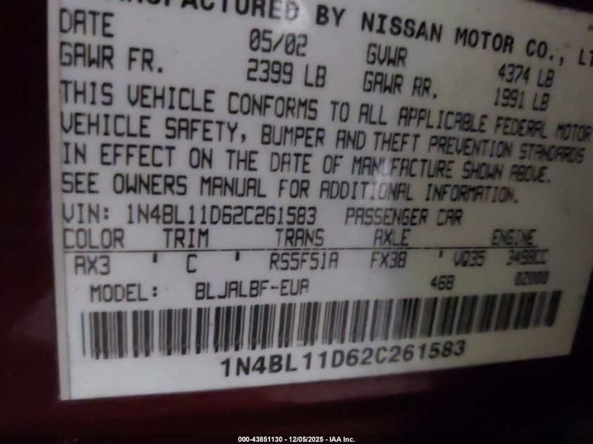2002 Nissan Altima 3.5 Se VIN: 1N4BL11D62C261583 Lot: 43851130