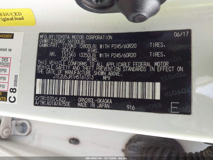 2017 Toyota 4Runner Limited VIN: JTEZU5JR1H5161313 Lot: 43851144