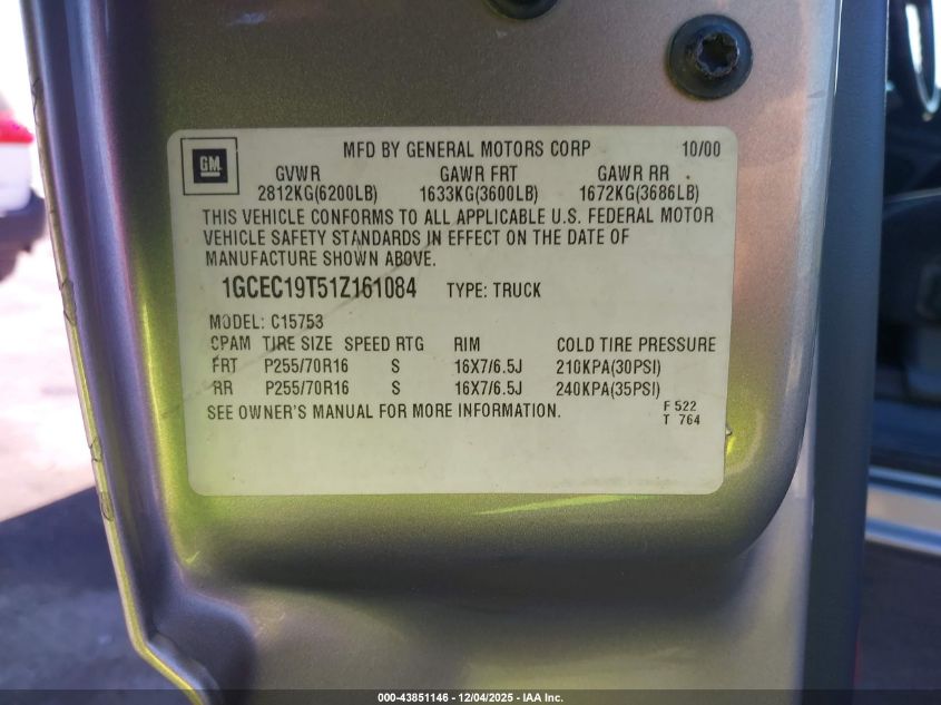 2001 Chevrolet Silverado 1500 Ls VIN: 1GCEC19T51Z161084 Lot: 43851146