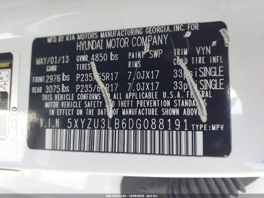 2013 Hyundai Santa Fe Sport VIN: 5XYZU3LB6DG088191 Lot: 43851149